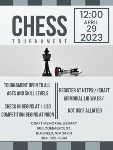 Join us Saturday, April 29th, for a friendly chess competition. Arrive and check in between 11:30 and 12:00 noon so we can begin the competition at noon. Small prizes will be awarded.Tournament is open to kids and adults of all skill levels Chess boards are welcome. Registration required. Not affiliated with USCF.